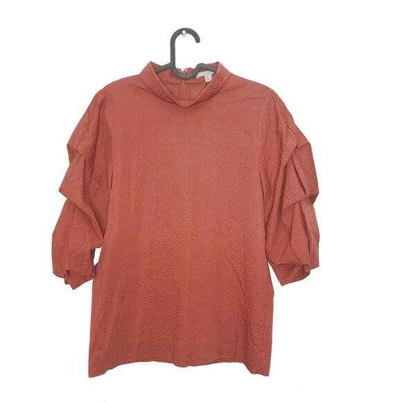COS Mock Neck Puff Sleeve Orange Textured Blouse 2 - Picture 1 of 7